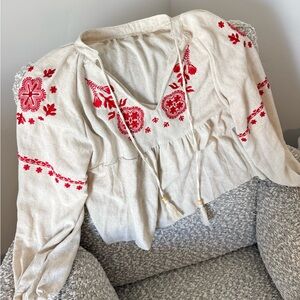 Embroidered Beige and Red Peasant Blouse